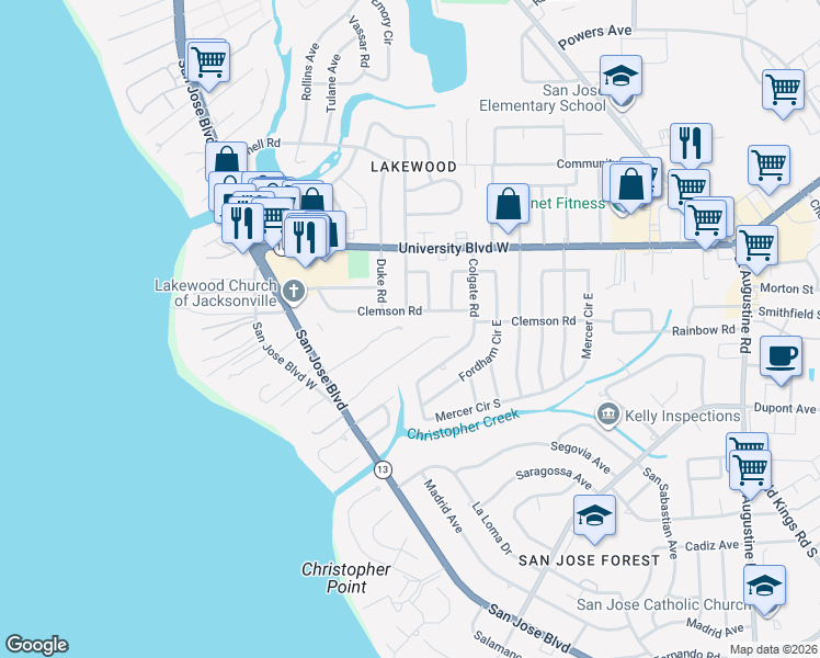 map of restaurants, bars, coffee shops, grocery stores, and more near 1994 Camellia Oaks Lane in Jacksonville
