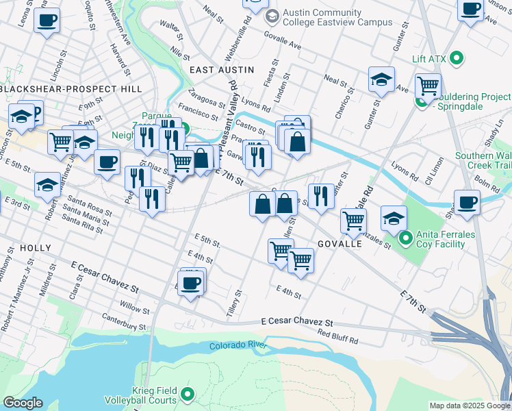 map of restaurants, bars, coffee shops, grocery stores, and more near 3100 Holton Street in Austin