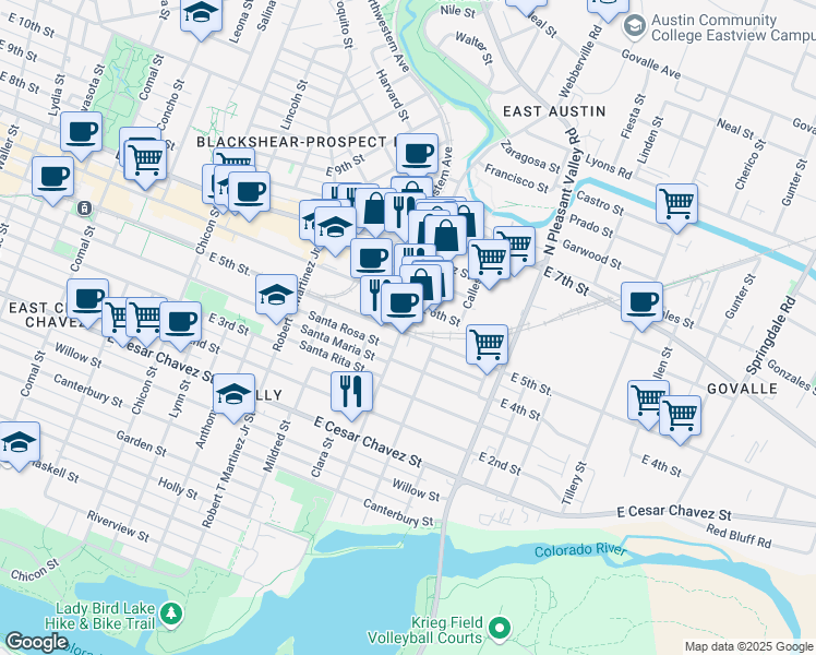 map of restaurants, bars, coffee shops, grocery stores, and more near 501 Pedernales Street in Austin