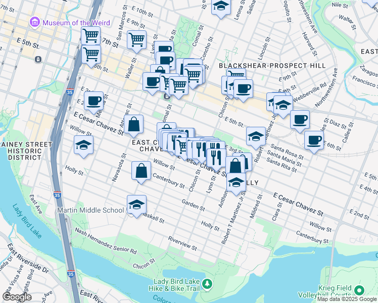 map of restaurants, bars, coffee shops, grocery stores, and more near 1801 East 2nd Street in Austin