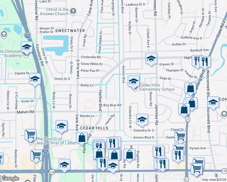 map of restaurants, bars, coffee shops, grocery stores, and more near 6743 Watoma Street in Jacksonville