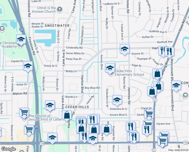 map of restaurants, bars, coffee shops, grocery stores, and more near 6743 Watoma Street in Jacksonville