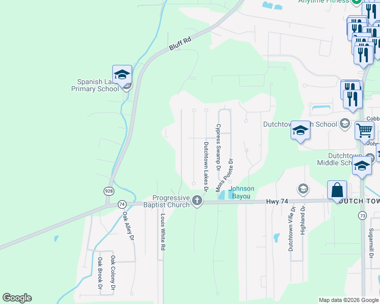 map of restaurants, bars, coffee shops, grocery stores, and more near 13131 Oak Knoll Drive in Geismar