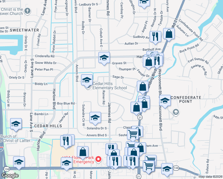 map of restaurants, bars, coffee shops, grocery stores, and more near 4435 Jammes Road in Jacksonville