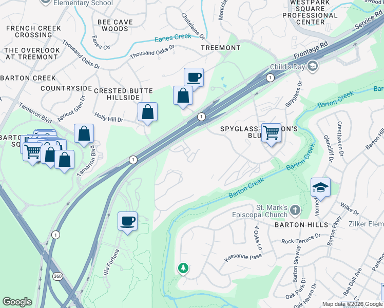 map of restaurants, bars, coffee shops, grocery stores, and more near 2001 South MoPac Expressway in Austin