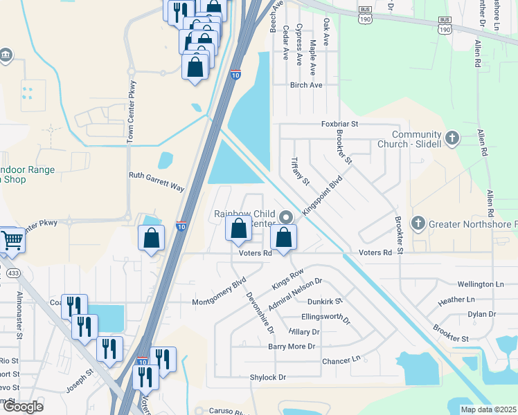 map of restaurants, bars, coffee shops, grocery stores, and more near 2033 Kaylie Drive in Slidell