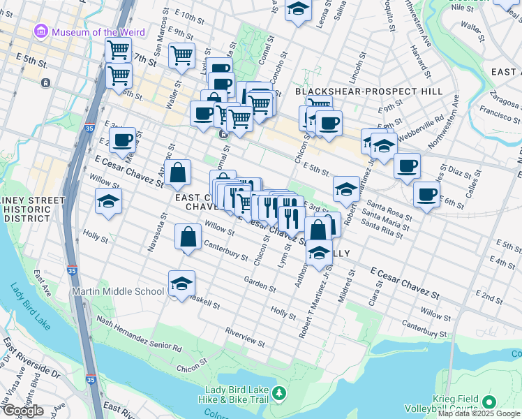 map of restaurants, bars, coffee shops, grocery stores, and more near 1801 East 2nd Street in Austin