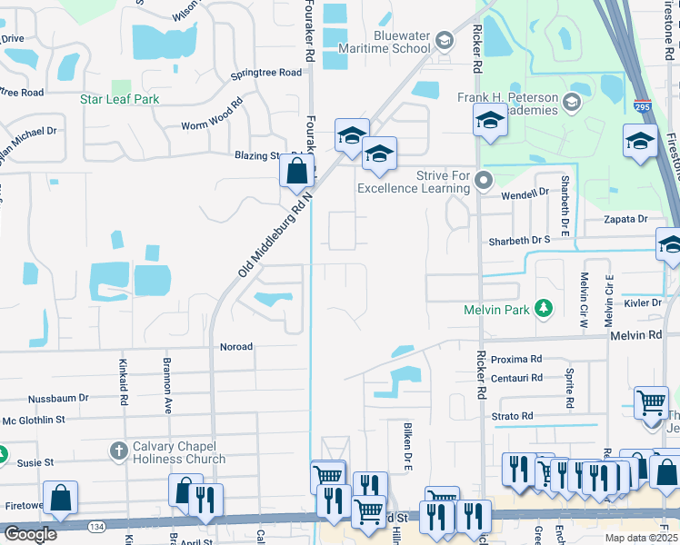 map of restaurants, bars, coffee shops, grocery stores, and more near 4422 Crested Butte Court in Jacksonville
