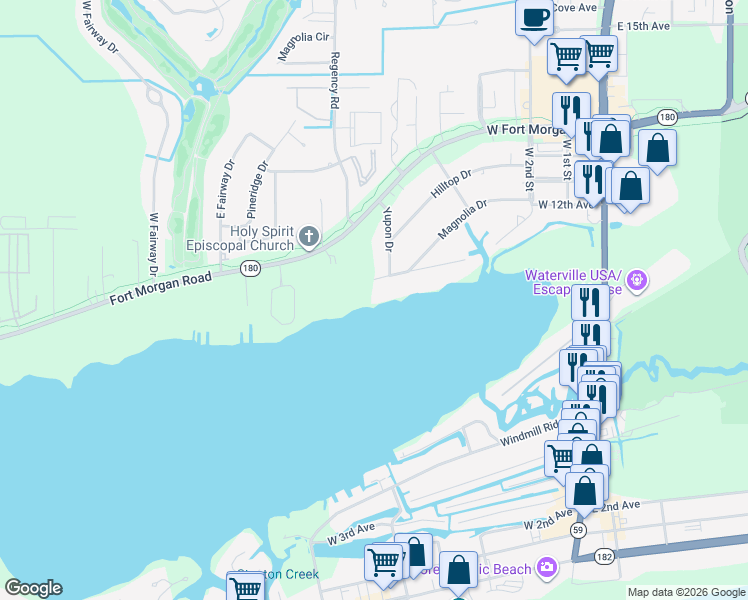 map of restaurants, bars, coffee shops, grocery stores, and more near 509 Sunset Drive in Gulf Shores