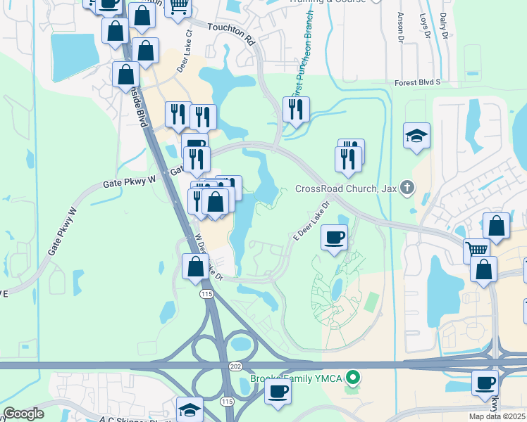 map of restaurants, bars, coffee shops, grocery stores, and more near 4804 East Deer Lake Drive in Jacksonville
