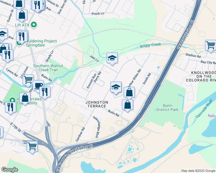 map of restaurants, bars, coffee shops, grocery stores, and more near 1038 Gardner Road in Austin