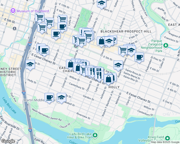 map of restaurants, bars, coffee shops, grocery stores, and more near 1801 East 2nd Street in Austin