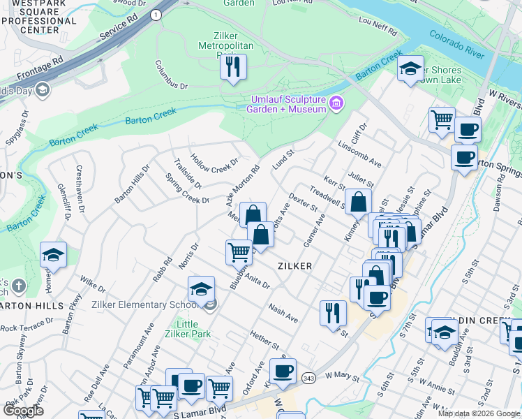 map of restaurants, bars, coffee shops, grocery stores, and more near 2126 Melridge Place in Austin