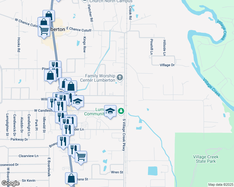 map of restaurants, bars, coffee shops, grocery stores, and more near 545 Horn Road in Lumberton