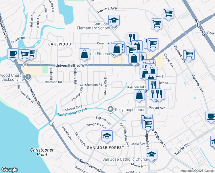 map of restaurants, bars, coffee shops, grocery stores, and more near 2606 Clemson Road in Jacksonville