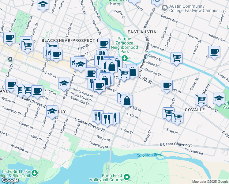 map of restaurants, bars, coffee shops, grocery stores, and more near 2703 East 6th Street in Austin