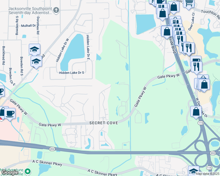 map of restaurants, bars, coffee shops, grocery stores, and more near 8451 Gate Parkway West in Jacksonville