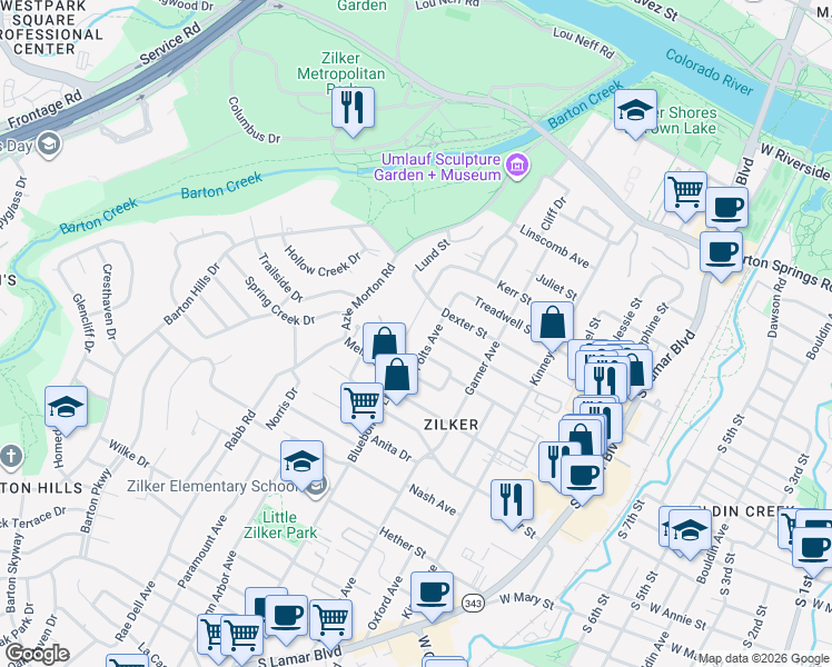 map of restaurants, bars, coffee shops, grocery stores, and more near 1111 Bluebonnet Lane in Austin