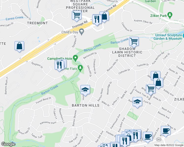map of restaurants, bars, coffee shops, grocery stores, and more near 1901 Glencliff Drive in Austin