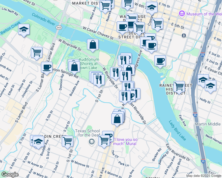 map of restaurants, bars, coffee shops, grocery stores, and more near 415 Barton Springs Road in Austin