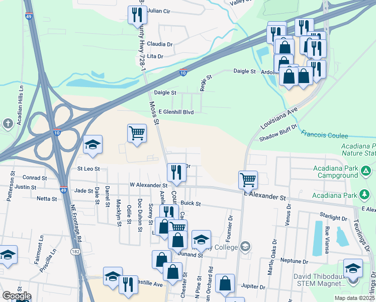 map of restaurants, bars, coffee shops, grocery stores, and more near 201 Walter Drive in Lafayette