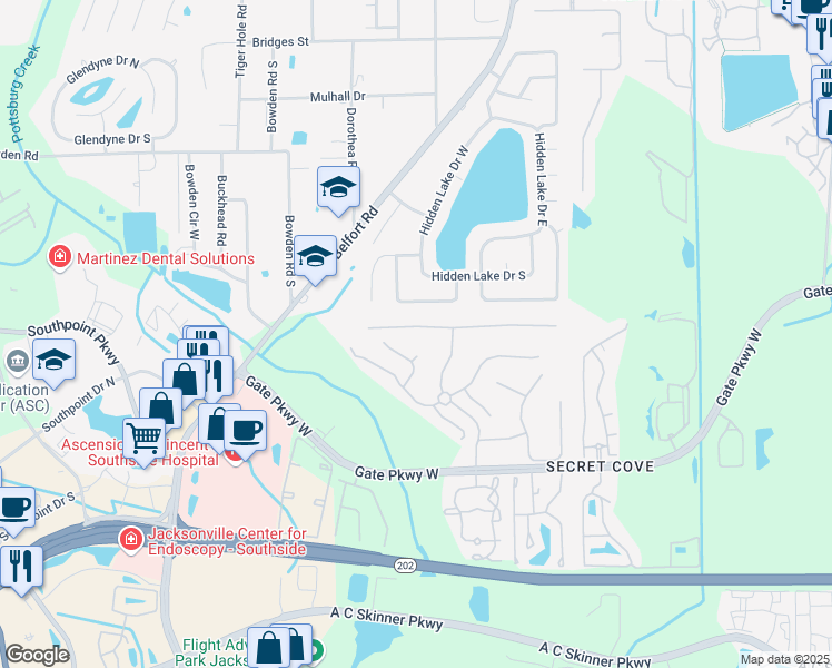 map of restaurants, bars, coffee shops, grocery stores, and more near 8258 Hedgewood Drive in Jacksonville