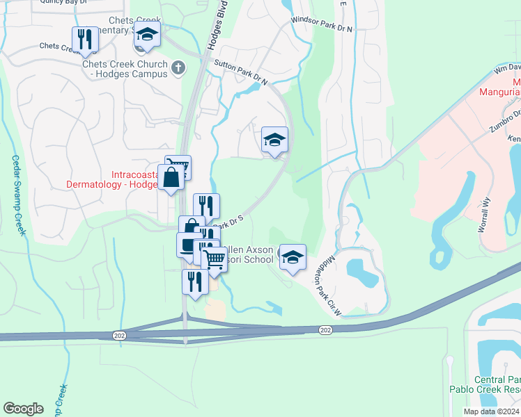 map of restaurants, bars, coffee shops, grocery stores, and more near 13400 Sutton Park Drive South in Jacksonville