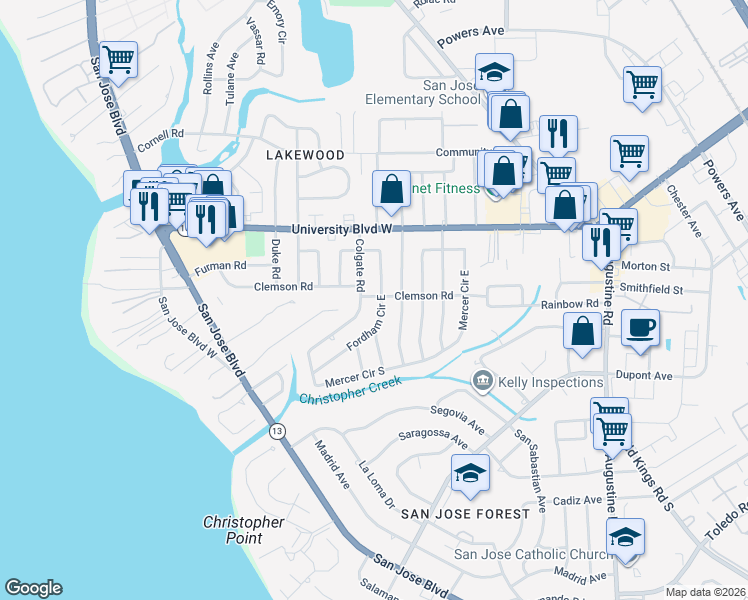 map of restaurants, bars, coffee shops, grocery stores, and more near 6216 Fordham Circle West in Jacksonville