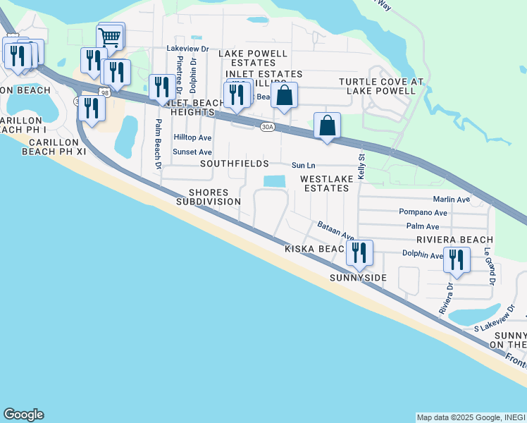 map of restaurants, bars, coffee shops, grocery stores, and more near 22400 Front Beach Road in Panama City Beach