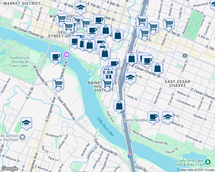 map of restaurants, bars, coffee shops, grocery stores, and more near 69 Rainey Street in Austin