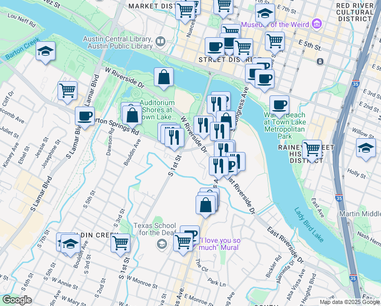 map of restaurants, bars, coffee shops, grocery stores, and more near 415 Barton Springs Road in Austin
