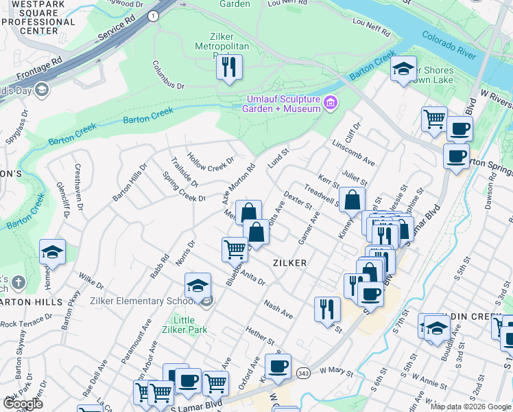 map of restaurants, bars, coffee shops, grocery stores, and more near 2126 Melridge Place in Austin