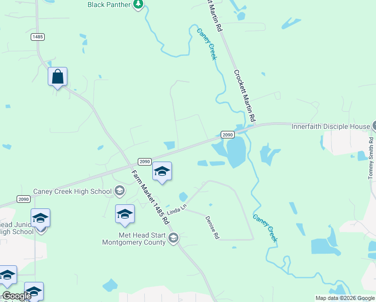 map of restaurants, bars, coffee shops, grocery stores, and more near 17250 Farm to Market Road 2090 in Conroe