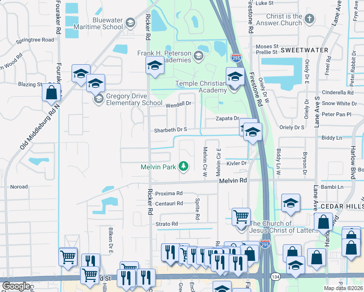 map of restaurants, bars, coffee shops, grocery stores, and more near 4430 Jade Drive East in Jacksonville