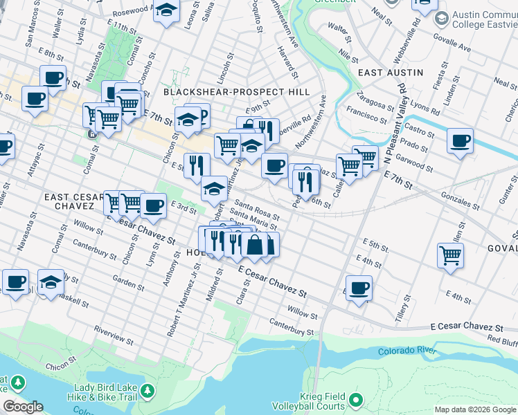 map of restaurants, bars, coffee shops, grocery stores, and more near in Austin