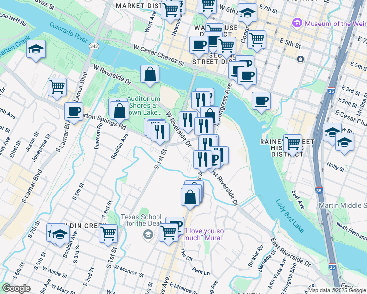 map of restaurants, bars, coffee shops, grocery stores, and more near 415 Barton Springs Road in Austin