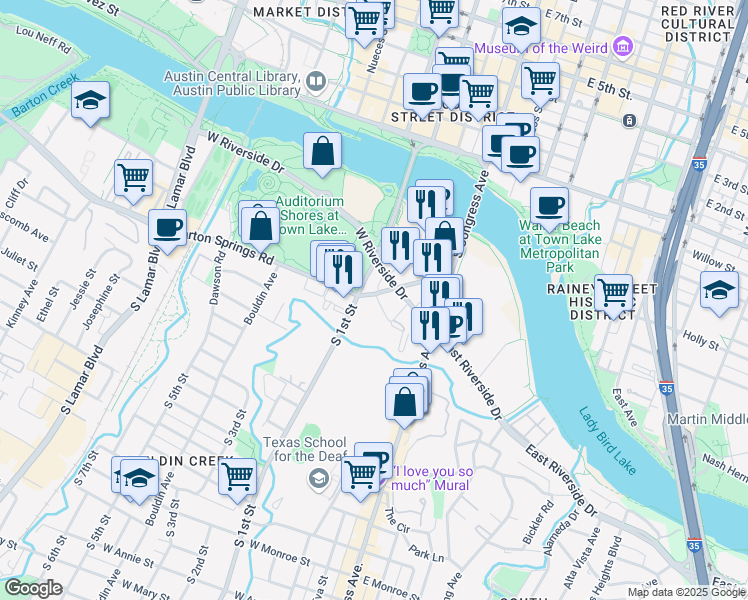 map of restaurants, bars, coffee shops, grocery stores, and more near 505 Barton Springs Road in Austin