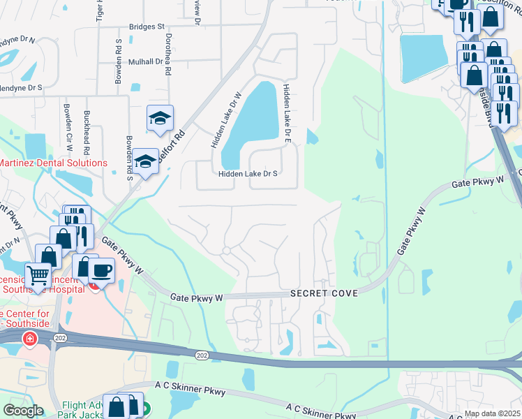 map of restaurants, bars, coffee shops, grocery stores, and more near 8342 Hedgewood Drive in Jacksonville