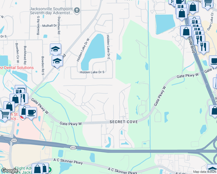 map of restaurants, bars, coffee shops, grocery stores, and more near 8384 Hedgewood Drive in Jacksonville