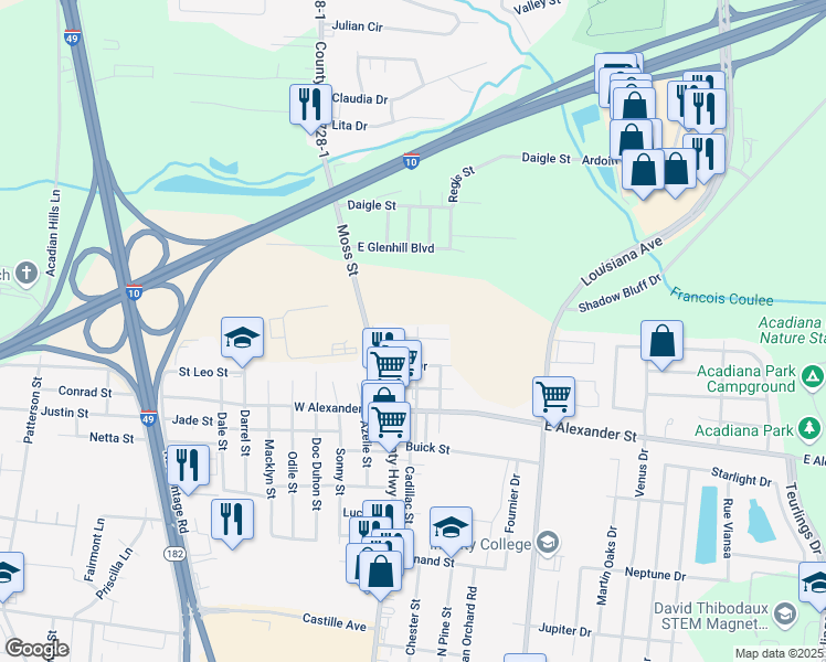map of restaurants, bars, coffee shops, grocery stores, and more near 201-211 Walter Drive in Lafayette