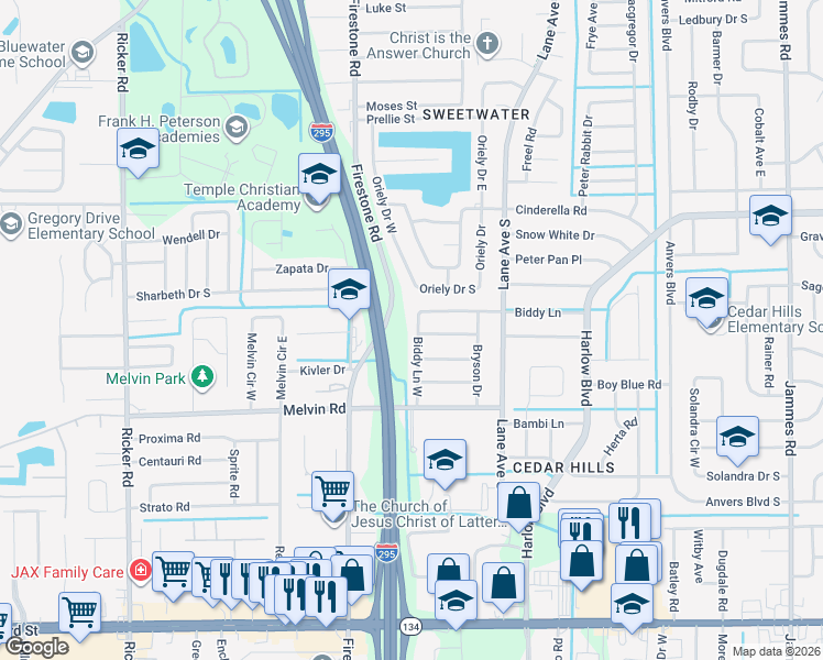 map of restaurants, bars, coffee shops, grocery stores, and more near 4402 Biddy Lane West in Jacksonville