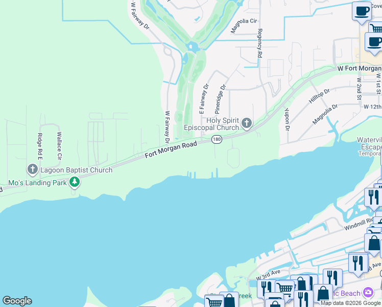 map of restaurants, bars, coffee shops, grocery stores, and more near 18606 Highway 180 in Gulf Shores