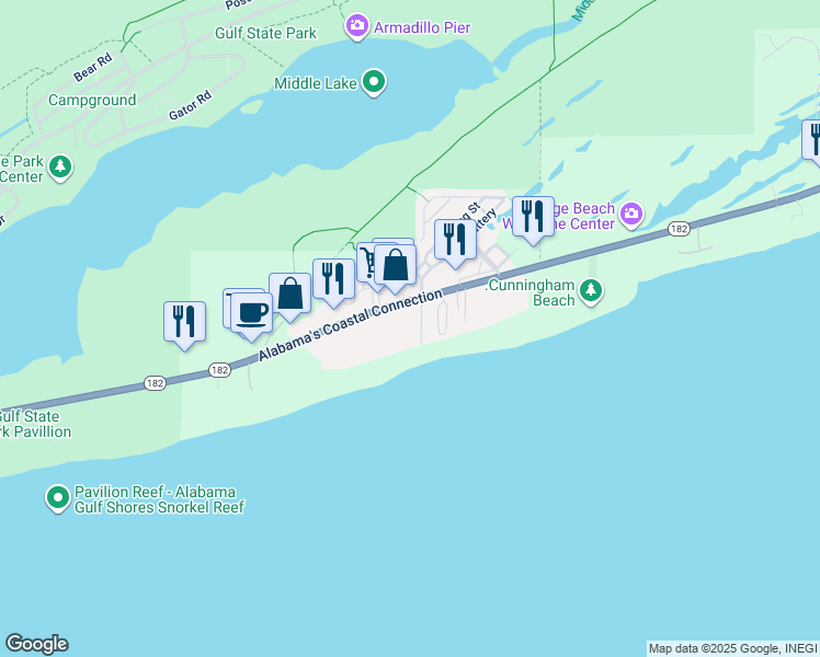 map of restaurants, bars, coffee shops, grocery stores, and more near 2295 Beers Lane in Orange Beach