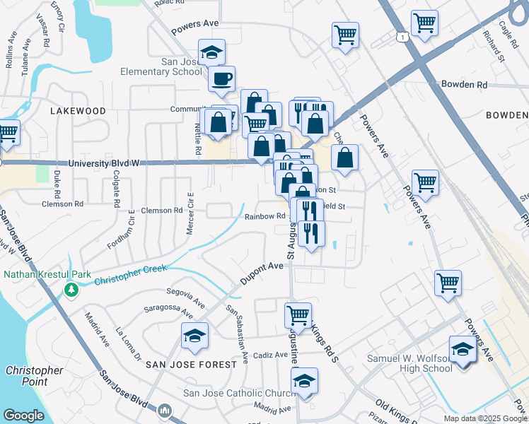 map of restaurants, bars, coffee shops, grocery stores, and more near 2852 Rainbow Road in Jacksonville