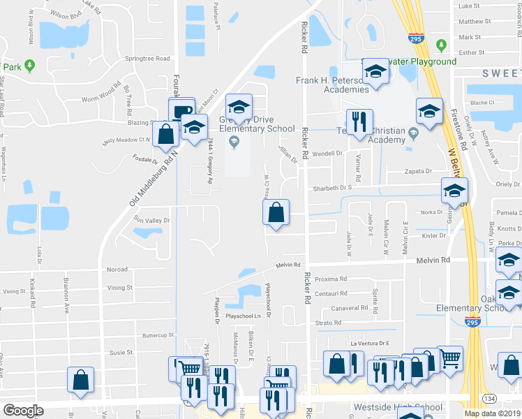 map of restaurants, bars, coffee shops, grocery stores, and more near 4449 Melissa Court North in Jacksonville