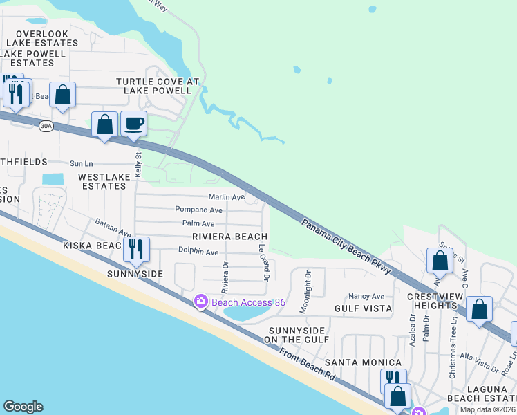 map of restaurants, bars, coffee shops, grocery stores, and more near 610-618 Le Grand Dr in Panama City Beach