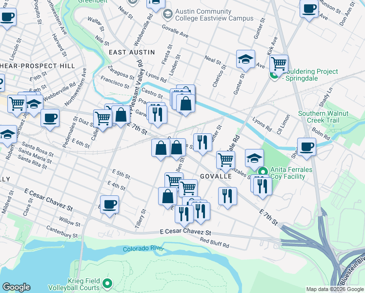 map of restaurants, bars, coffee shops, grocery stores, and more near in Austin