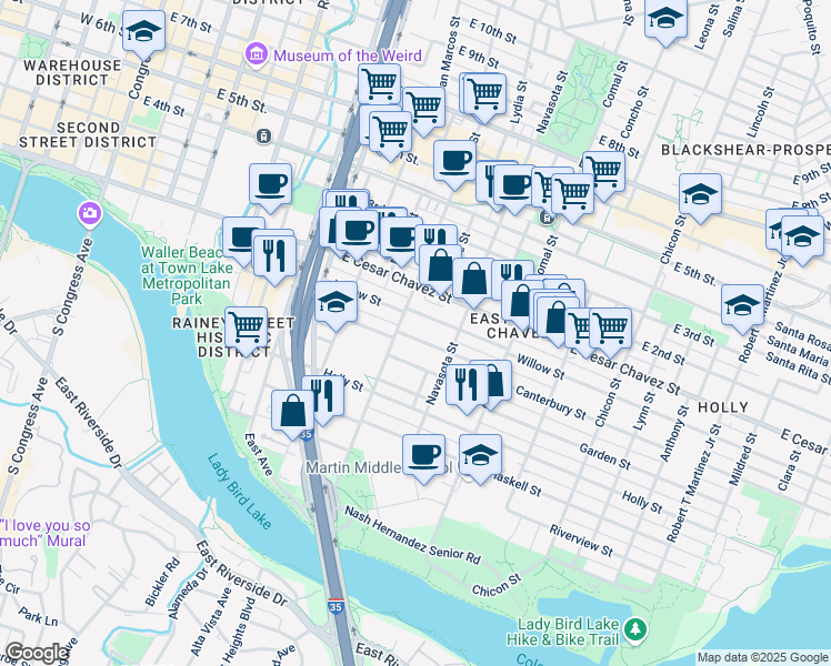 map of restaurants, bars, coffee shops, grocery stores, and more near 1208 Canterbury Street in Austin