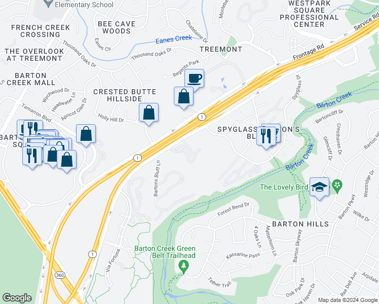 map of restaurants, bars, coffee shops, grocery stores, and more near Texas 1 Loop in Austin