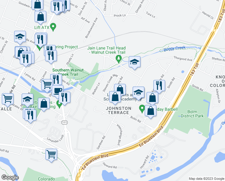 map of restaurants, bars, coffee shops, grocery stores, and more near 1113 Emmitt Run in Austin